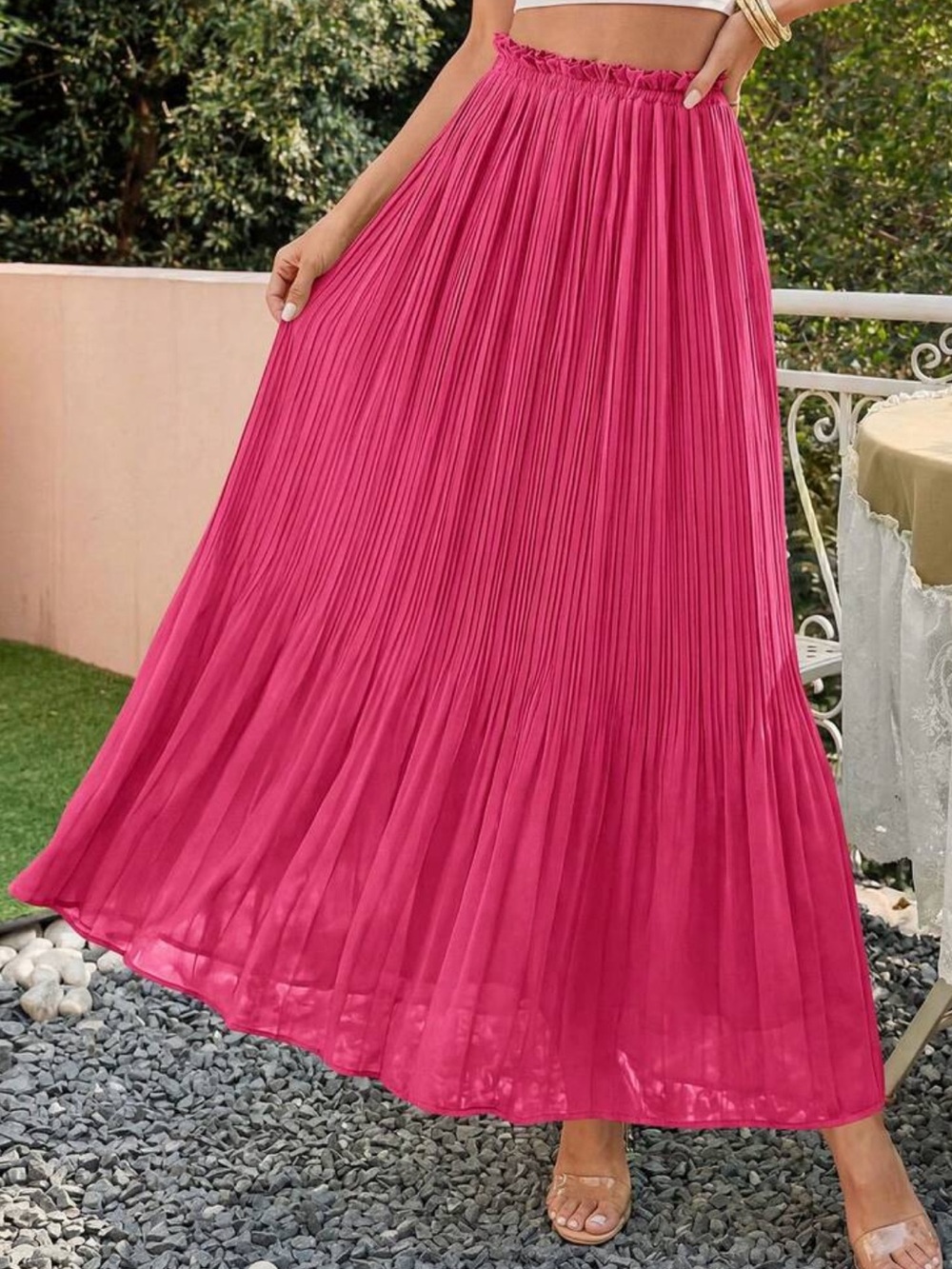 Pleated Hot Pink  Maxi Skirt - Elegant Women's Skirt